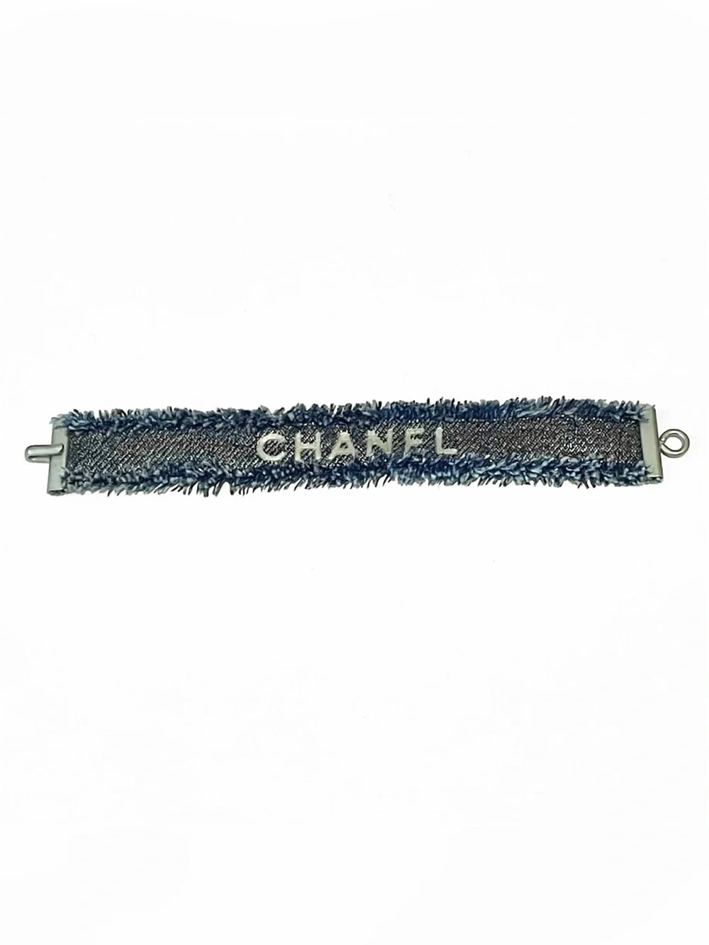 Authentic CHANEL Women Denim Wristband Leather Bangle With Hook - Worn Leather